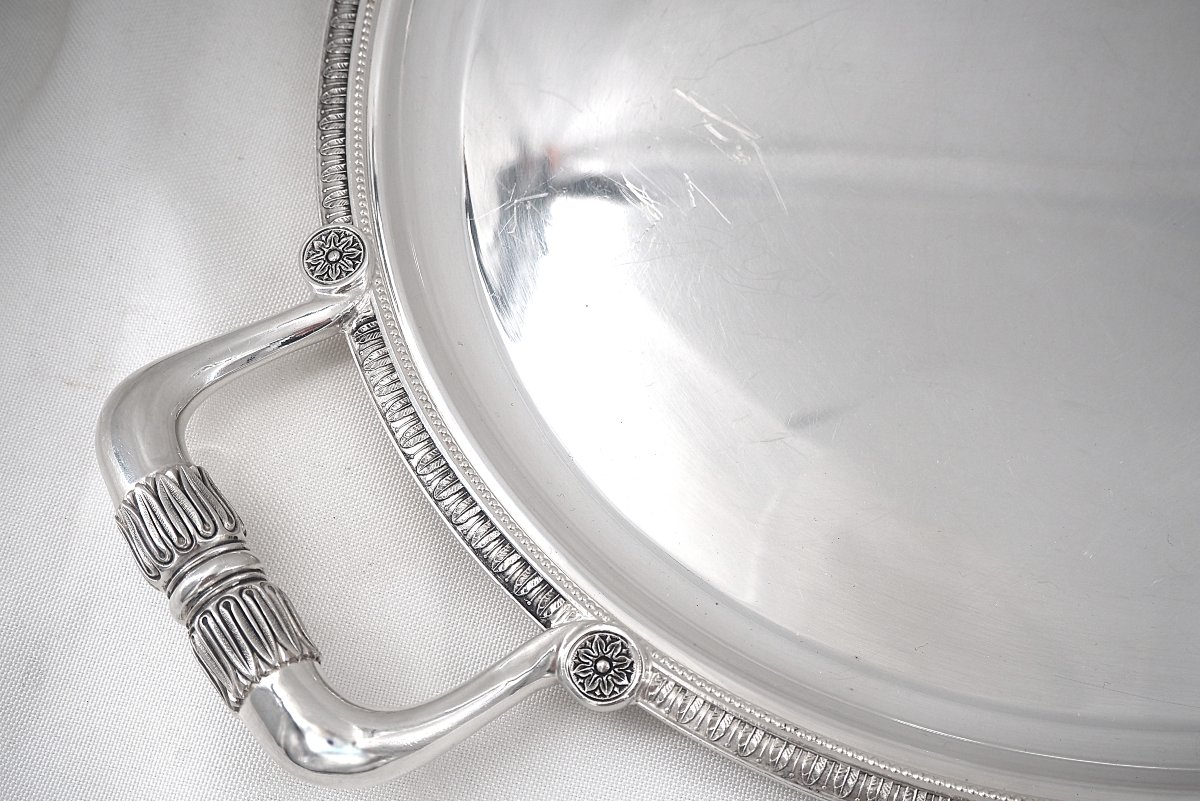 Christofle Malmaison Pattern, Oval Serving Tray 65 X 42 Cm, Empire Style, Silver-plated Metal.-photo-3