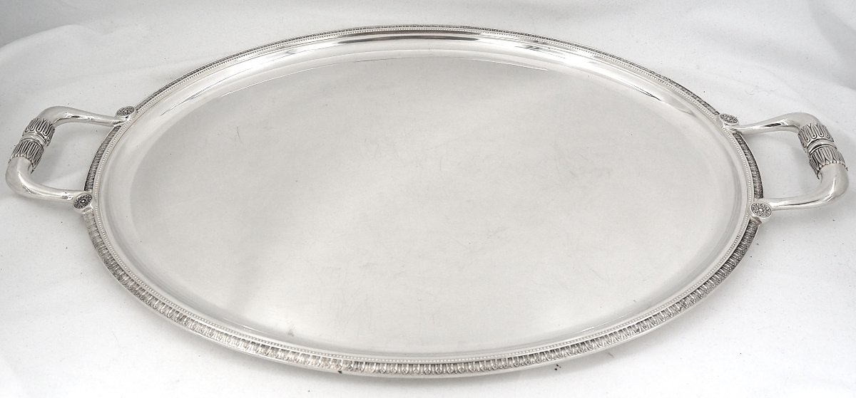 Christofle Malmaison Pattern, Oval Serving Tray 65 X 42 Cm, Empire Style, Silver-plated Metal.-photo-4