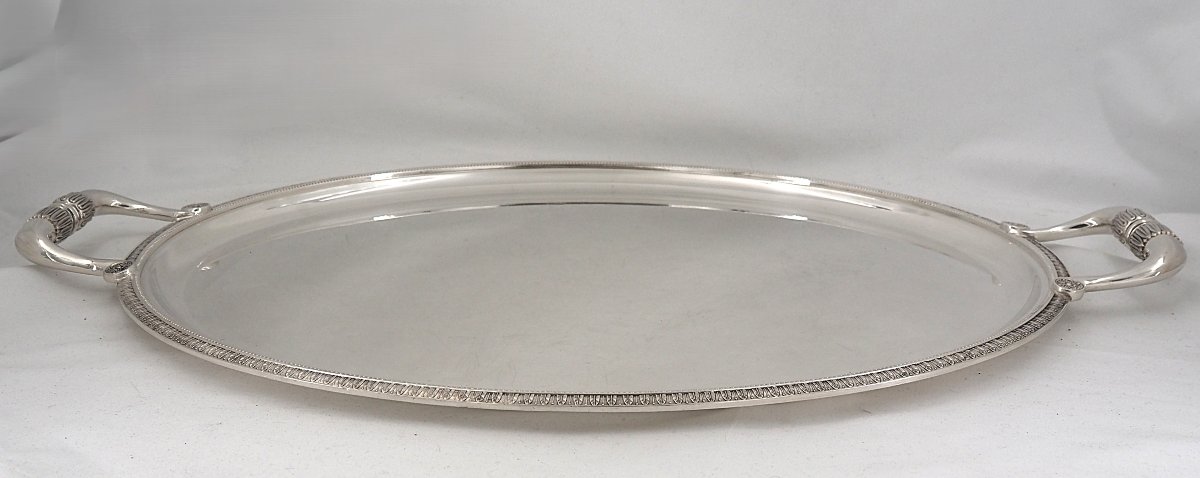 Christofle Malmaison Pattern, Oval Serving Tray 65 X 42 Cm, Empire Style, Silver-plated Metal.-photo-1