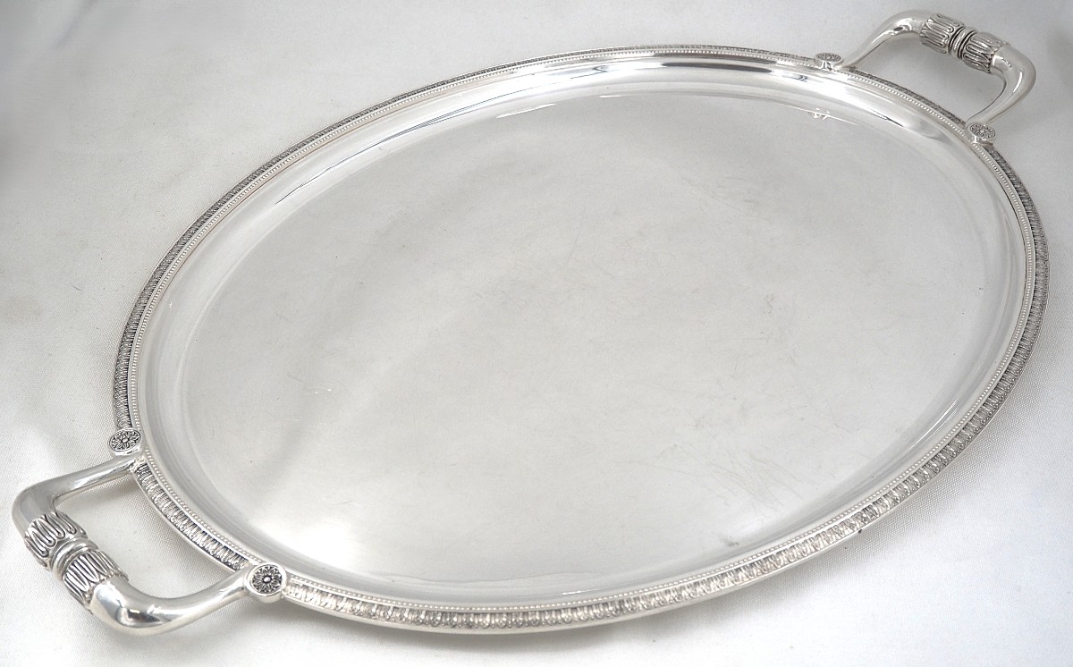 Christofle Malmaison Pattern, Oval Serving Tray 65 X 42 Cm, Empire Style, Silver-plated Metal.