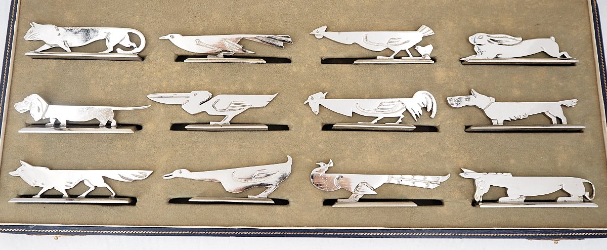 Aristide Colotte, 12 porte-couteaux animaliers, Art Déco, excellent état, écrin.-photo-3