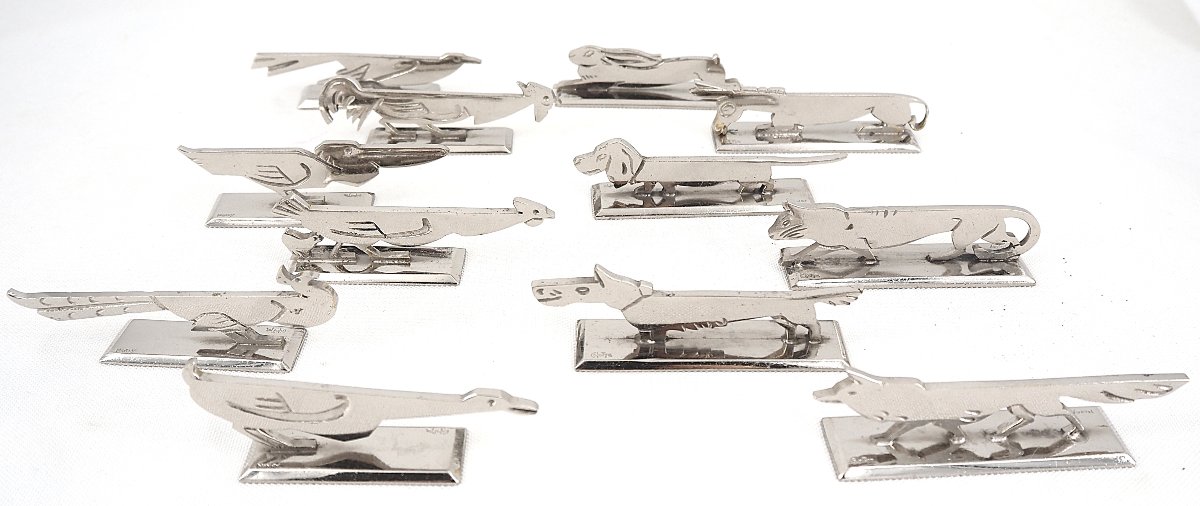 Aristide Colotte, 12 porte-couteaux animaliers, Art Déco, excellent état, écrin.-photo-4