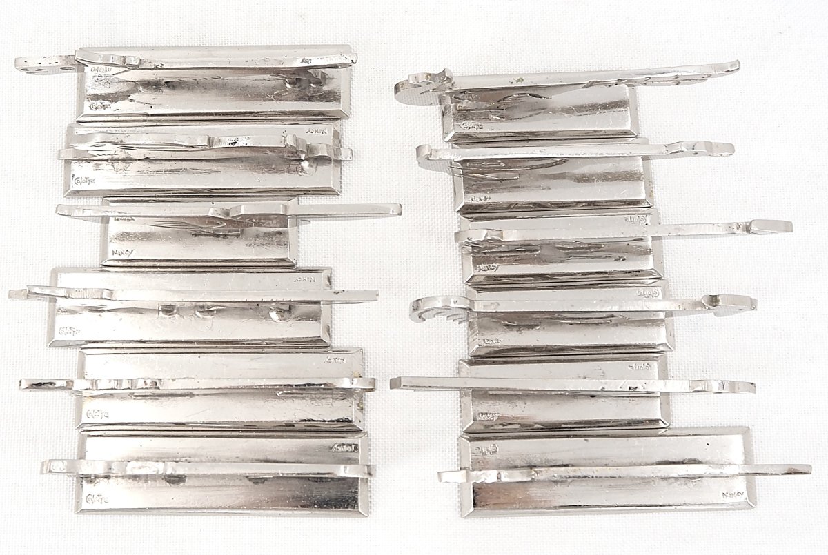 Aristide Colotte, 12 porte-couteaux animaliers, Art Déco, excellent état, écrin.-photo-4