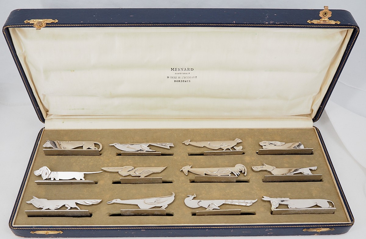 Aristide Colotte, 12 porte-couteaux animaliers, Art Déco, excellent état, écrin.