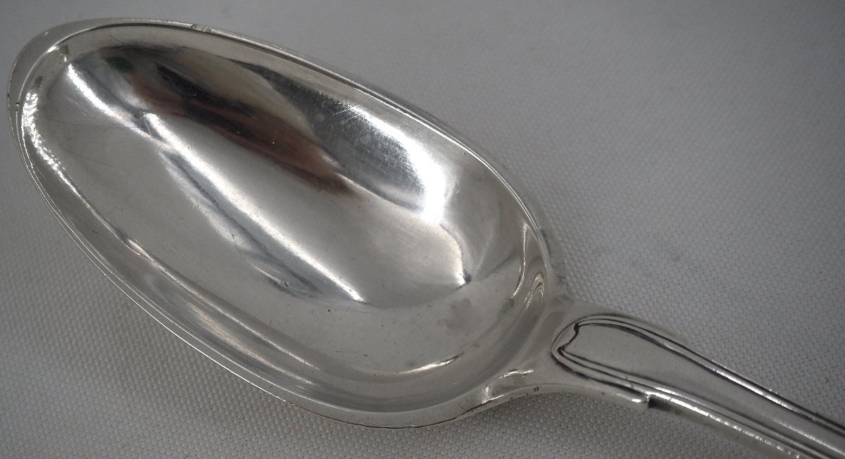 Stewing Spoon, Serving Spoon, Solid Silver 18th Century, Straight Filet Pattern.-photo-2