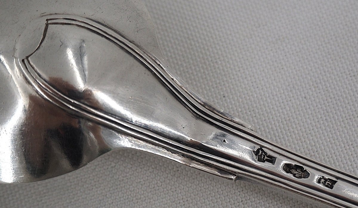 Stewing Spoon, Serving Spoon, Solid Silver 18th Century, Straight Filet Pattern.-photo-3