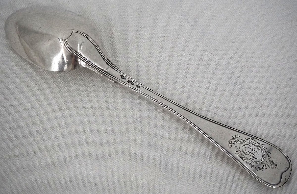 Stewing Spoon, Serving Spoon, Solid Silver 18th Century, Straight Filet Pattern.-photo-1