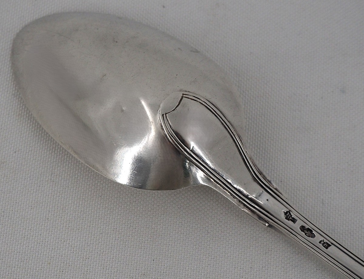 Stewing Spoon, Serving Spoon, Solid Silver 18th Century, Straight Filet Pattern.-photo-8