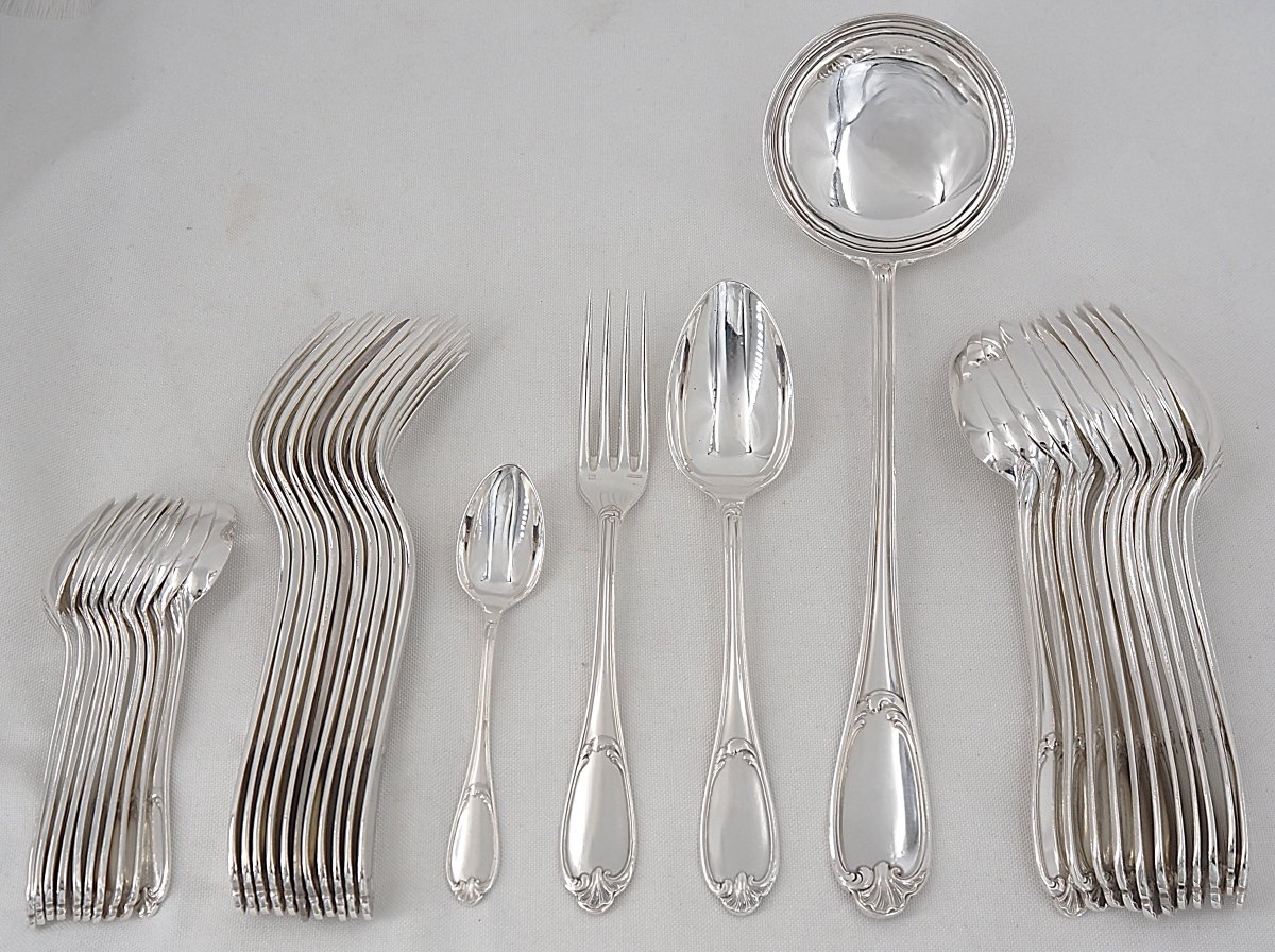 Ercuis Pompadour Model, 37-piece Silver-plated Menagère Set, Louis XV Style.-photo-2