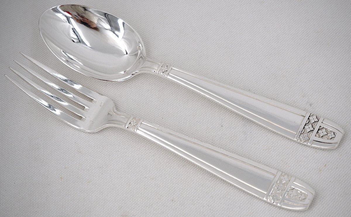 12 Dessert Cutlery Grand Prix Model, Art Deco, 24 Pieces In Silver-plated Metal.-photo-2