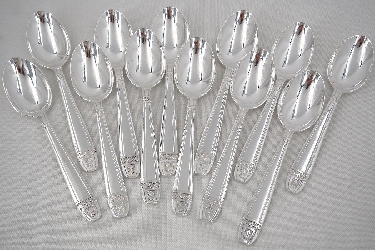 12 Dessert Cutlery Grand Prix Model, Art Deco, 24 Pieces In Silver-plated Metal.-photo-3