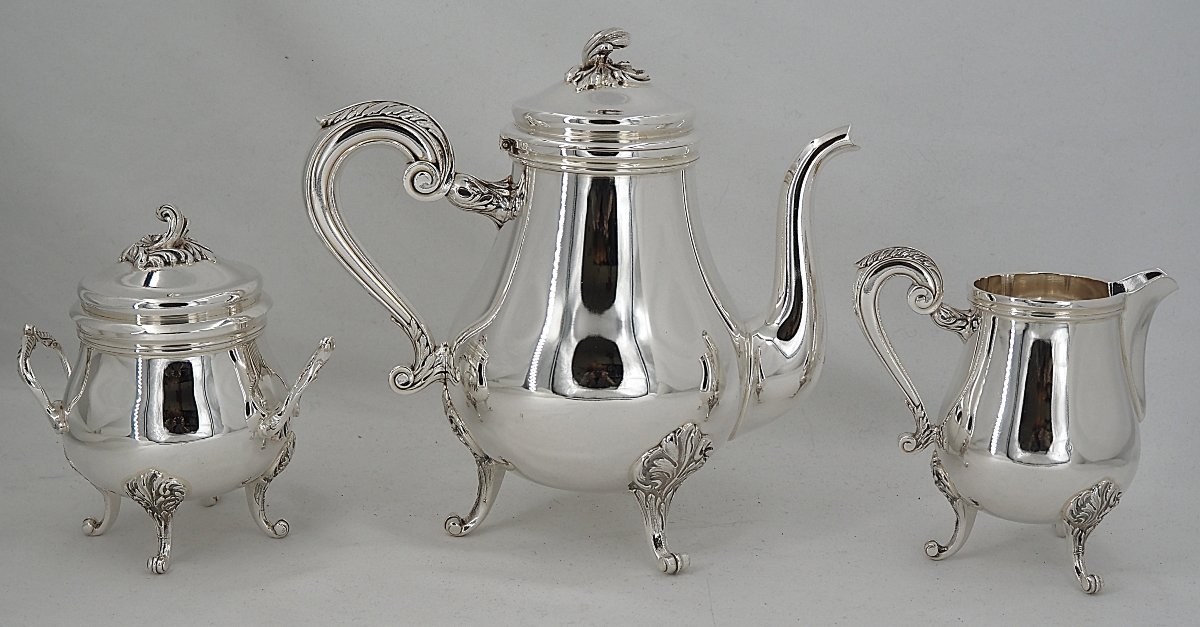 Christofle Marly Model, 3-piece Tea Service, Teapot, Sugar Bowl, Milk Jug, Silver-plated Metal.-photo-2