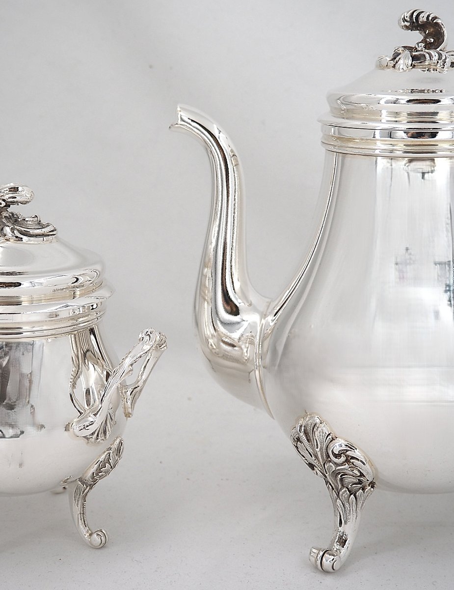 Christofle Marly Model, 3-piece Tea Service, Teapot, Sugar Bowl, Milk Jug, Silver-plated Metal.-photo-3