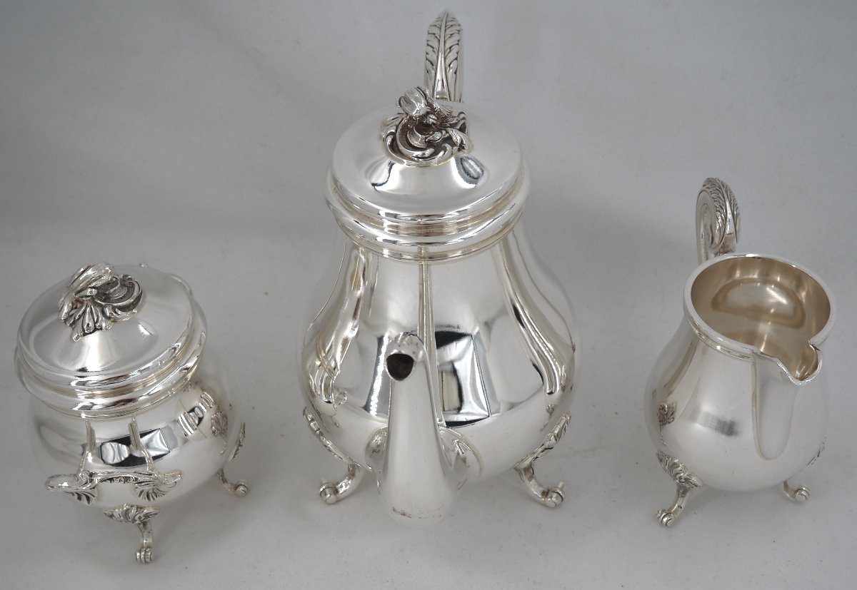 Christofle Marly Model, 3-piece Tea Service, Teapot, Sugar Bowl, Milk Jug, Silver-plated Metal.-photo-4