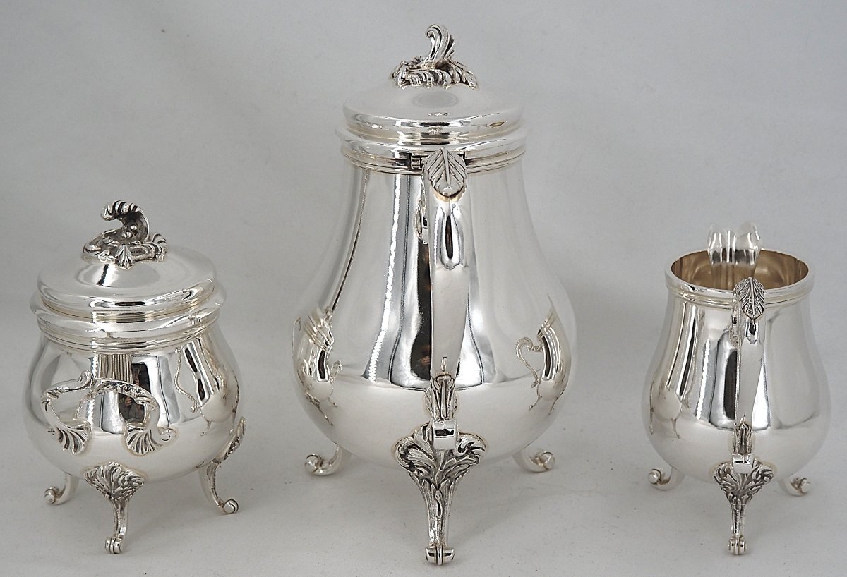 Christofle Marly Model, 3-piece Tea Service, Teapot, Sugar Bowl, Milk Jug, Silver-plated Metal.-photo-1