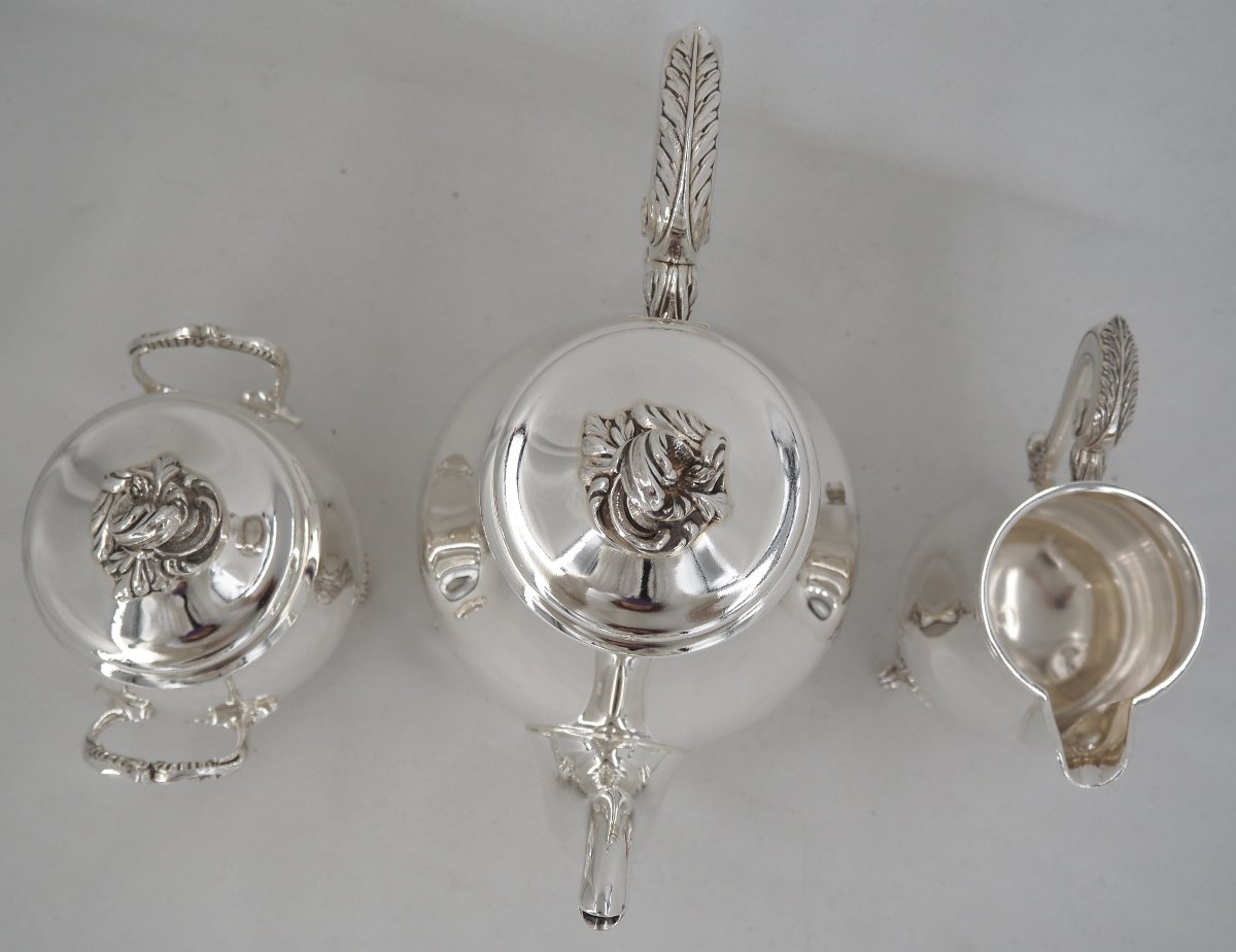 Christofle Marly Model, 3-piece Tea Service, Teapot, Sugar Bowl, Milk Jug, Silver-plated Metal.-photo-4