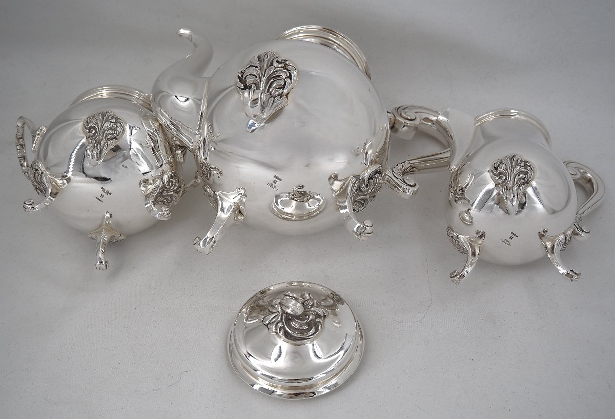 Christofle Marly Model, 3-piece Tea Service, Teapot, Sugar Bowl, Milk Jug, Silver-plated Metal.-photo-5