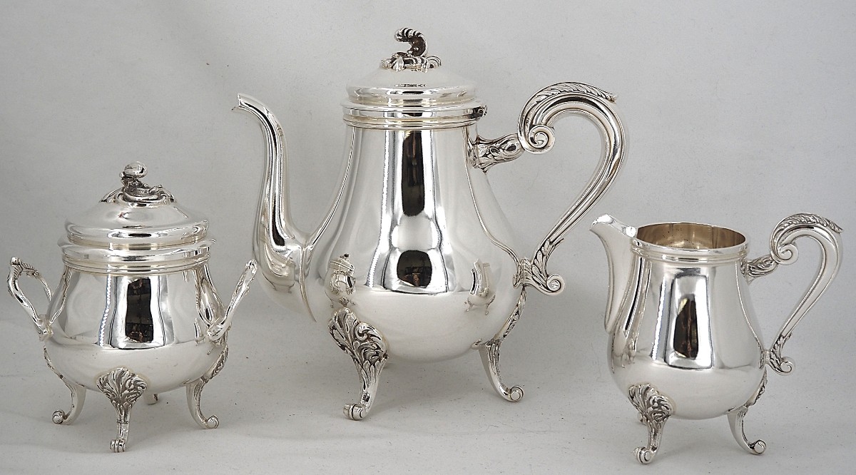 Christofle Marly Model, 3-piece Tea Service, Teapot, Sugar Bowl, Milk Jug, Silver-plated Metal.-photo-6