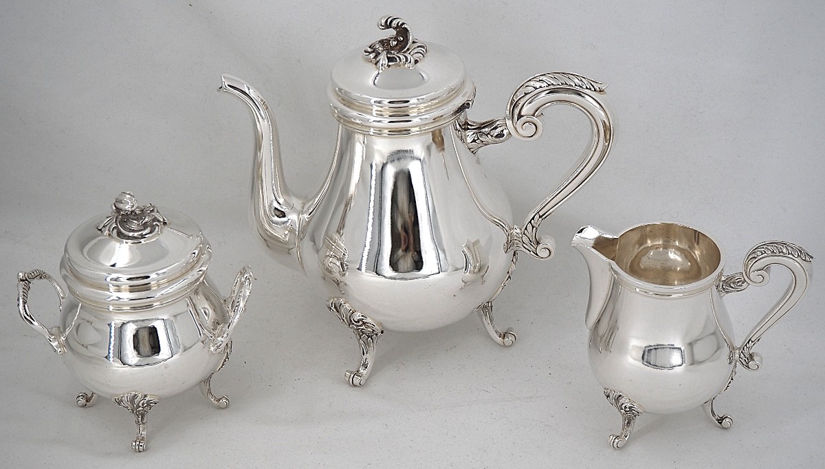 Christofle Marly Model, 3-piece Tea Service, Teapot, Sugar Bowl, Milk Jug, Silver-plated Metal.
