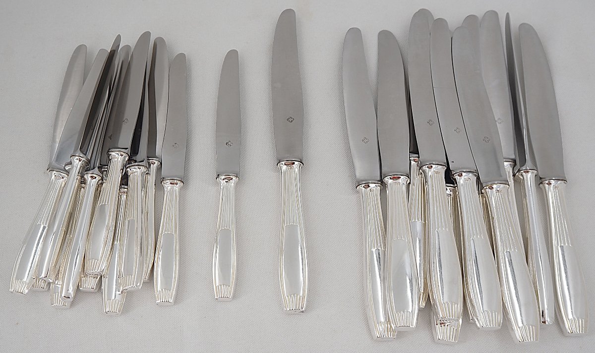 Alfénide, Christofle Cirta Model, Art Deco24 Knives: 12 Table Knives + 12 Dessert Knives.-photo-2