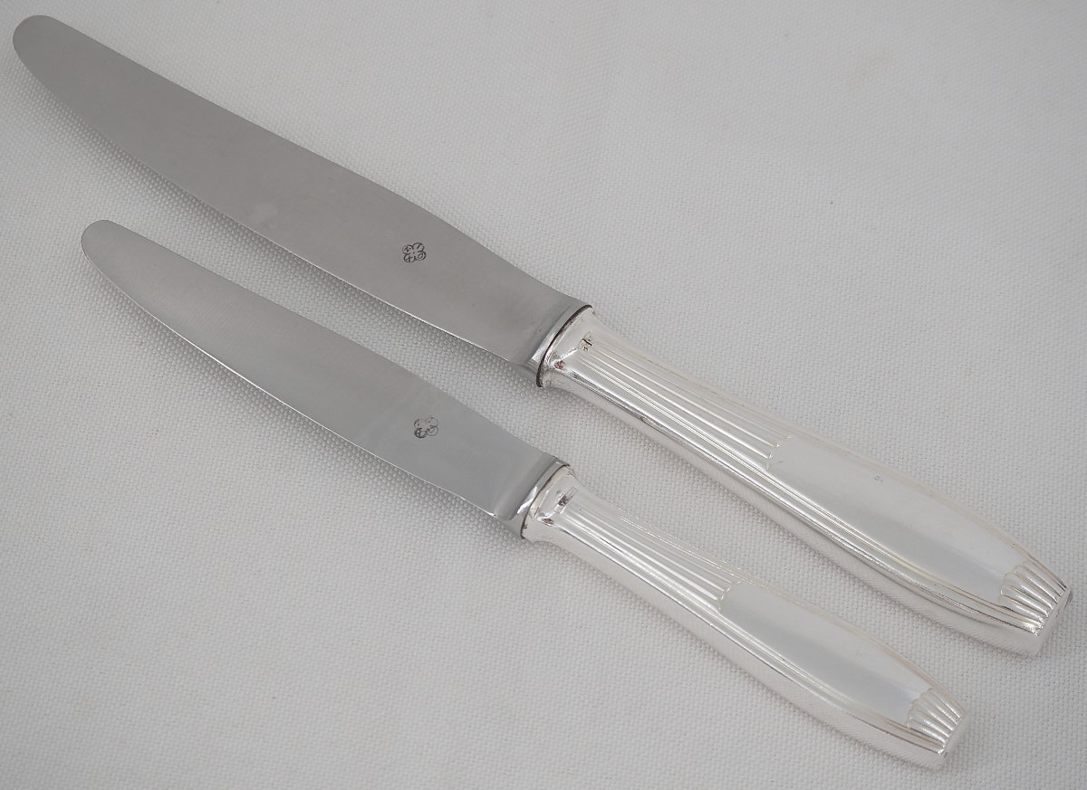 Alfénide, Christofle Cirta Model, Art Deco24 Knives: 12 Table Knives + 12 Dessert Knives.-photo-3