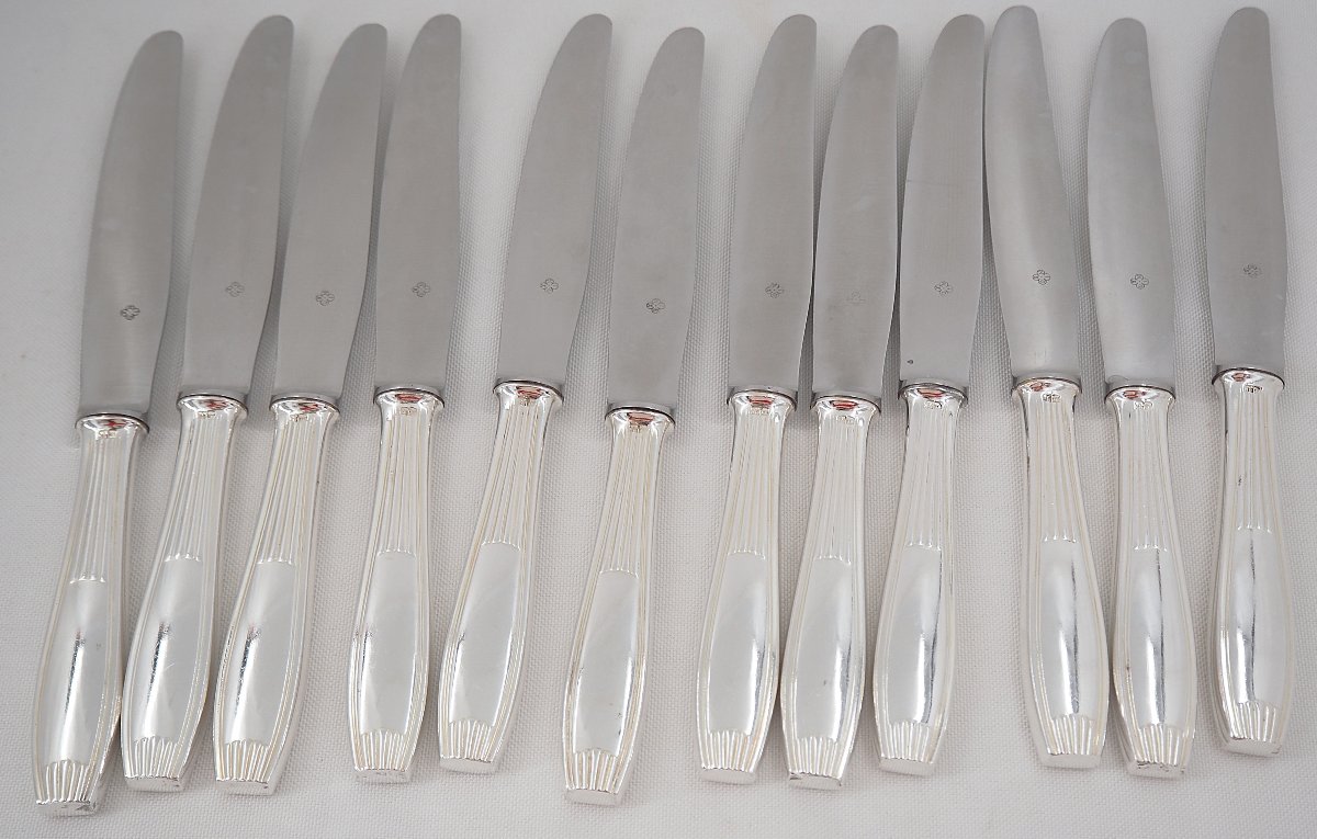 Alfénide, Christofle Cirta Model, Art Deco24 Knives: 12 Table Knives + 12 Dessert Knives.-photo-2