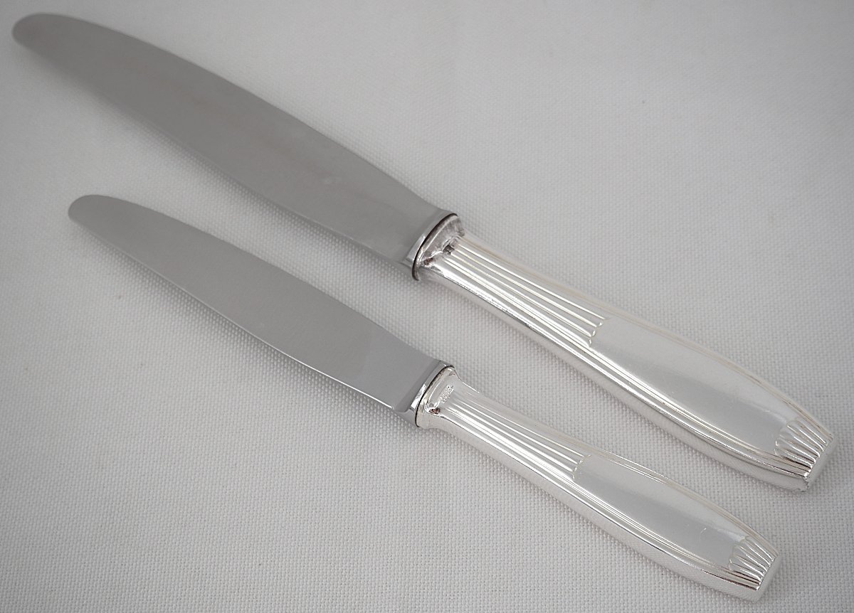 Alfénide, Christofle Cirta Model, Art Deco24 Knives: 12 Table Knives + 12 Dessert Knives.-photo-3