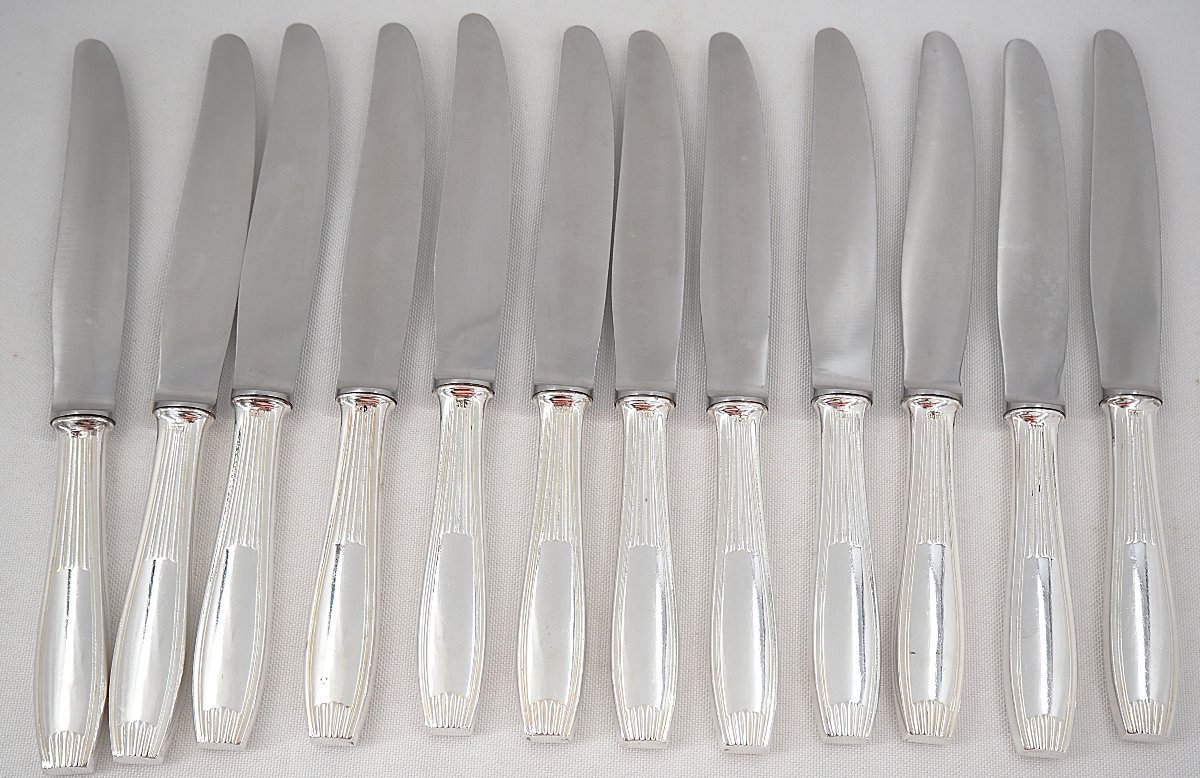 Alfénide, Christofle Cirta Model, Art Deco24 Knives: 12 Table Knives + 12 Dessert Knives.-photo-4