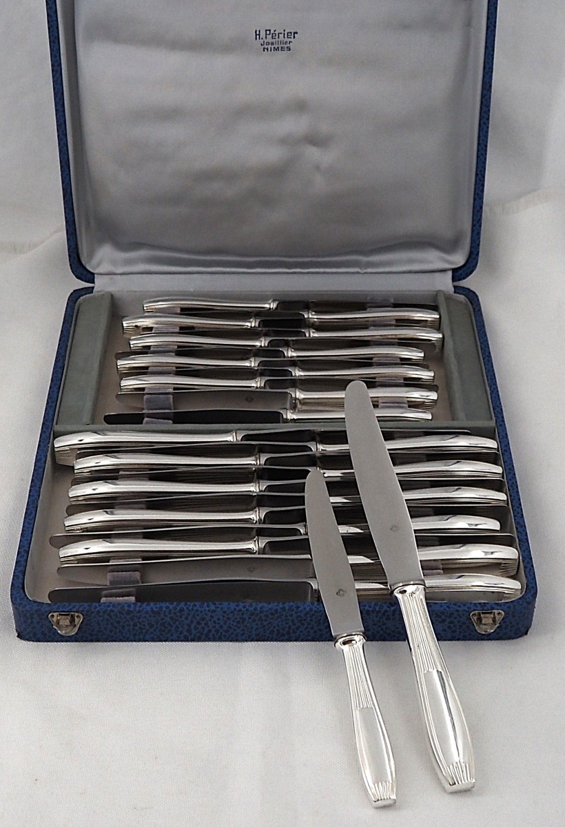 Alfénide, Christofle Cirta Model, Art Deco24 Knives: 12 Table Knives + 12 Dessert Knives.