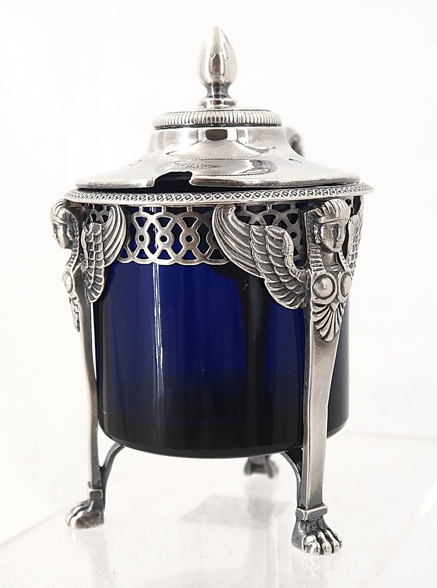 Moutardier argent massif poinçon coq, verrine bleue, 130 g net, Empire.-photo-2