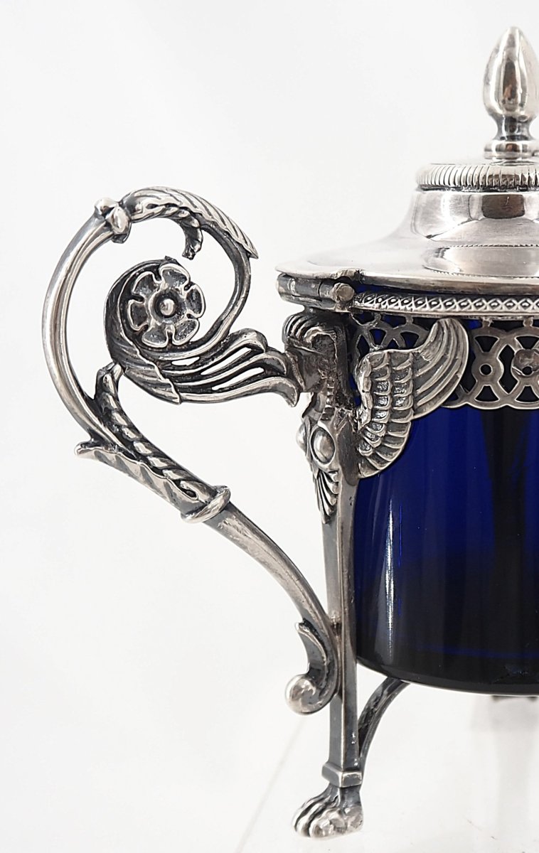 Moutardier argent massif poinçon coq, verrine bleue, 130 g net, Empire.-photo-3