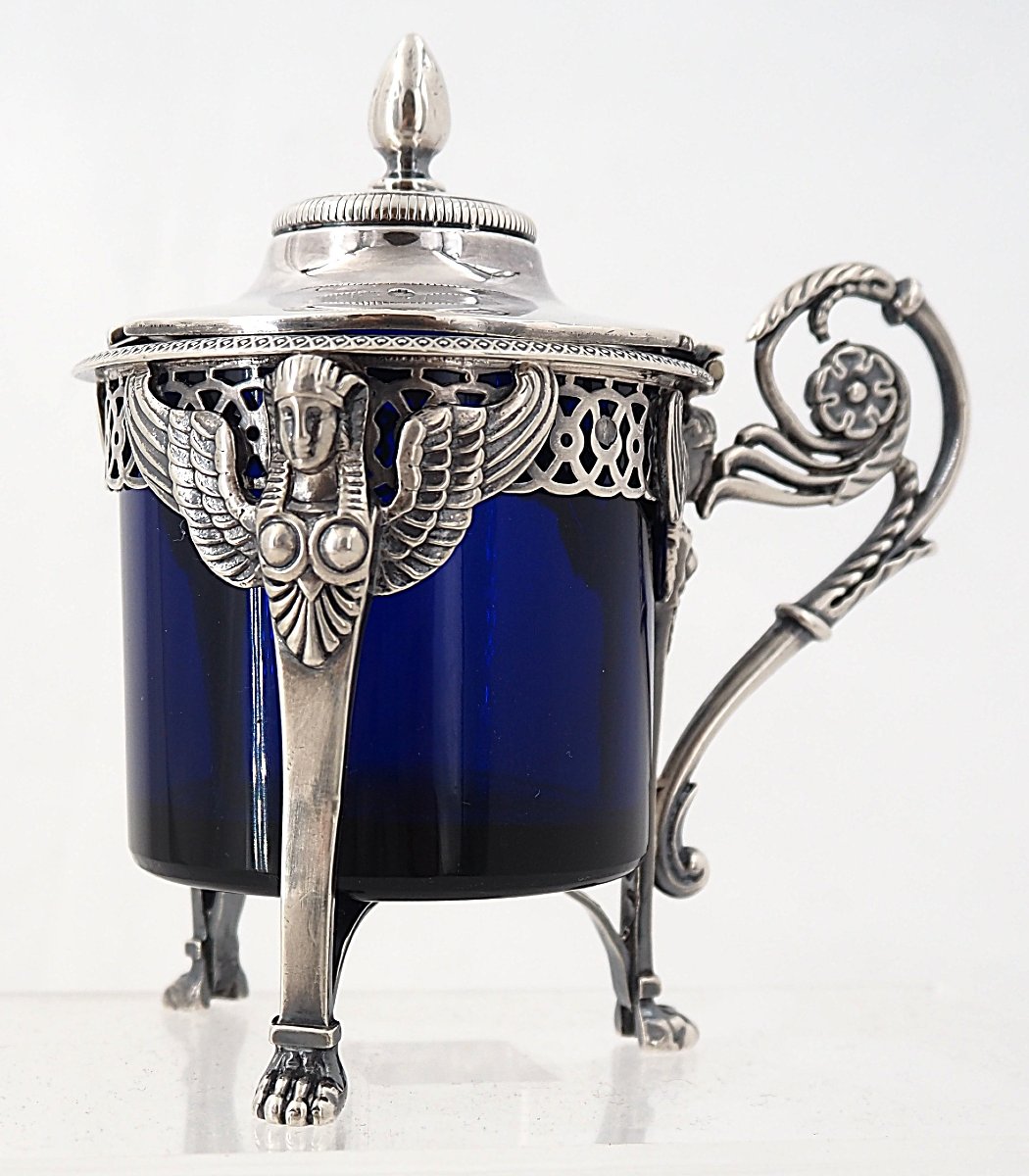 Moutardier argent massif poinçon coq, verrine bleue, 130 g net, Empire.-photo-4