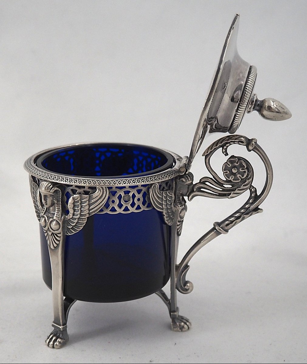 Moutardier argent massif poinçon coq, verrine bleue, 130 g net, Empire.-photo-2