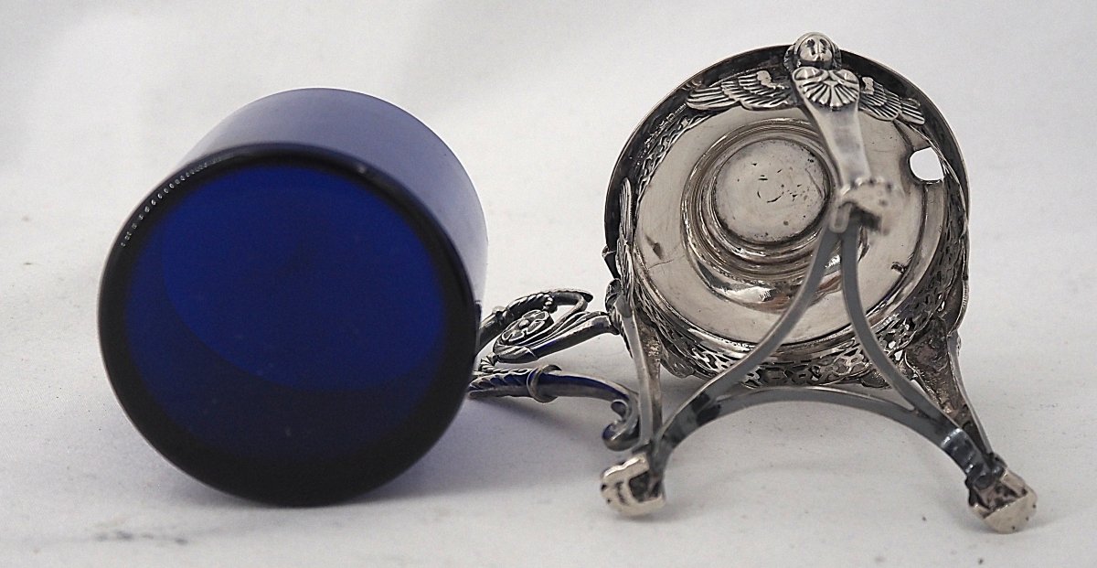 Moutardier argent massif poinçon coq, verrine bleue, 130 g net, Empire.-photo-3