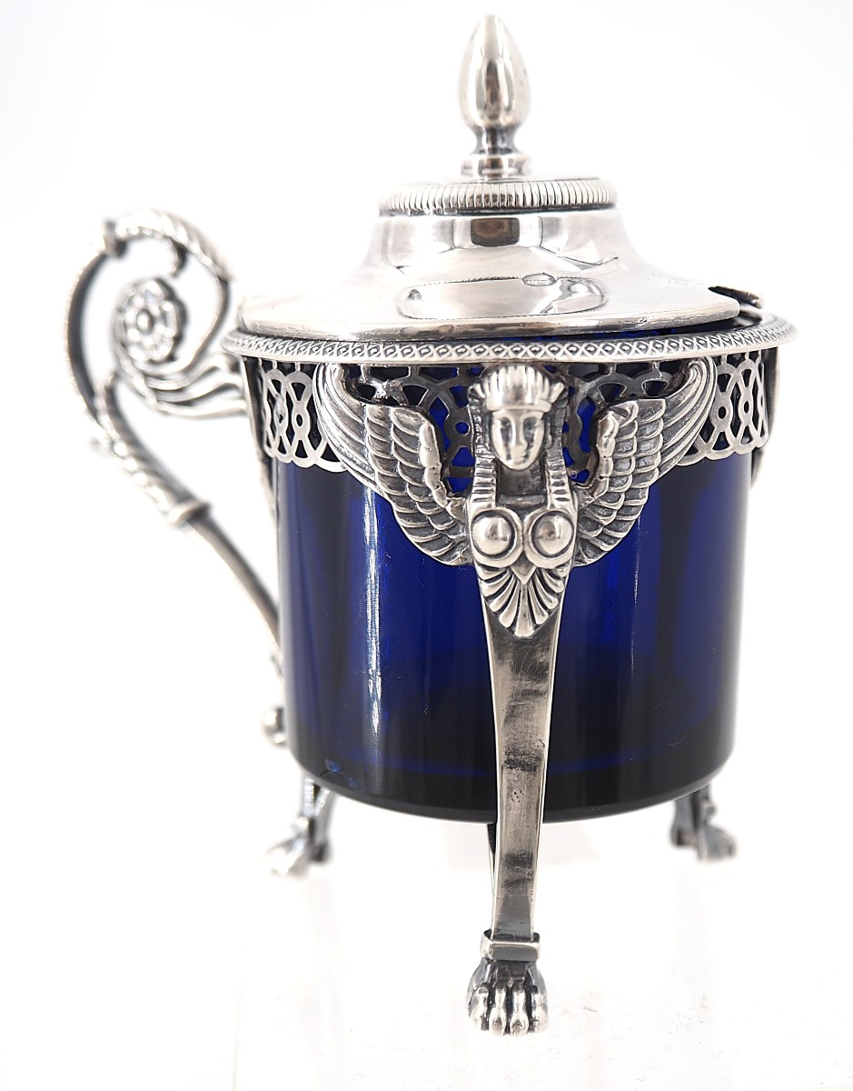 Moutardier argent massif poinçon coq, verrine bleue, 130 g net, Empire.