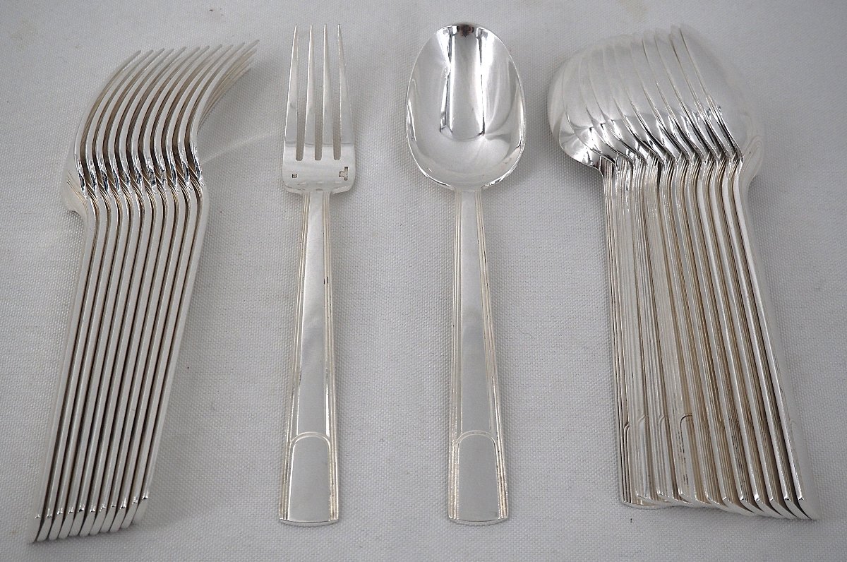 Christofle Gabon Model, Art Deco, 12 Place Settings, 24 Pieces In Silver-plated Metal.-photo-2