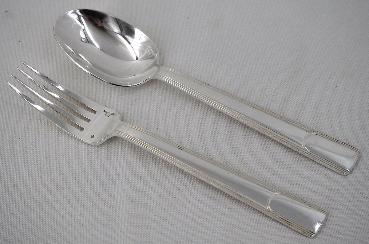 Christofle Gabon Model, Art Deco, 12 Place Settings, 24 Pieces In Silver-plated Metal.-photo-3