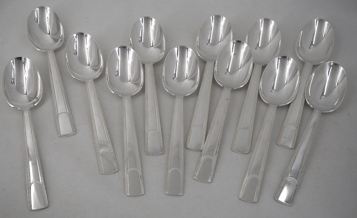 Christofle Gabon Model, Art Deco, 12 Place Settings, 24 Pieces In Silver-plated Metal.-photo-1