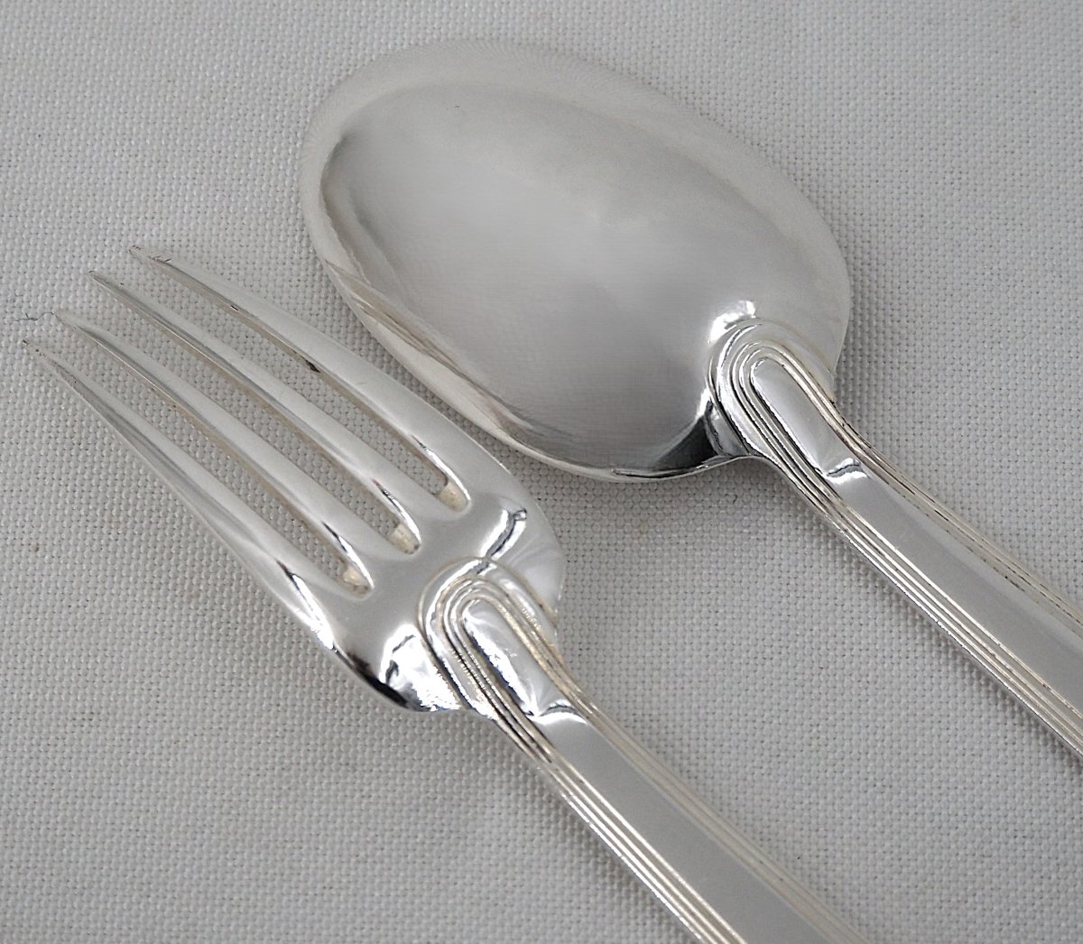 Christofle Gabon Model, Art Deco, 12 Place Settings, 24 Pieces In Silver-plated Metal.-photo-2