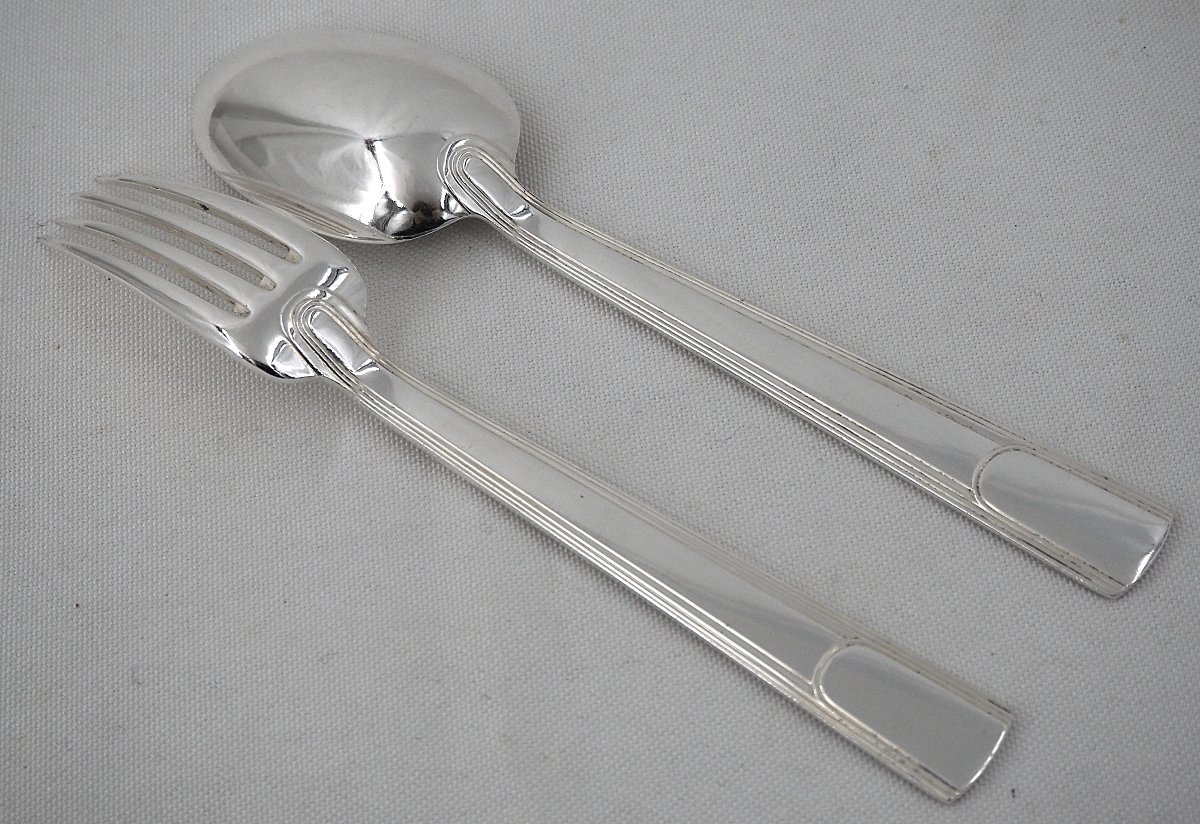 Christofle Gabon Model, Art Deco, 12 Place Settings, 24 Pieces In Silver-plated Metal.-photo-3