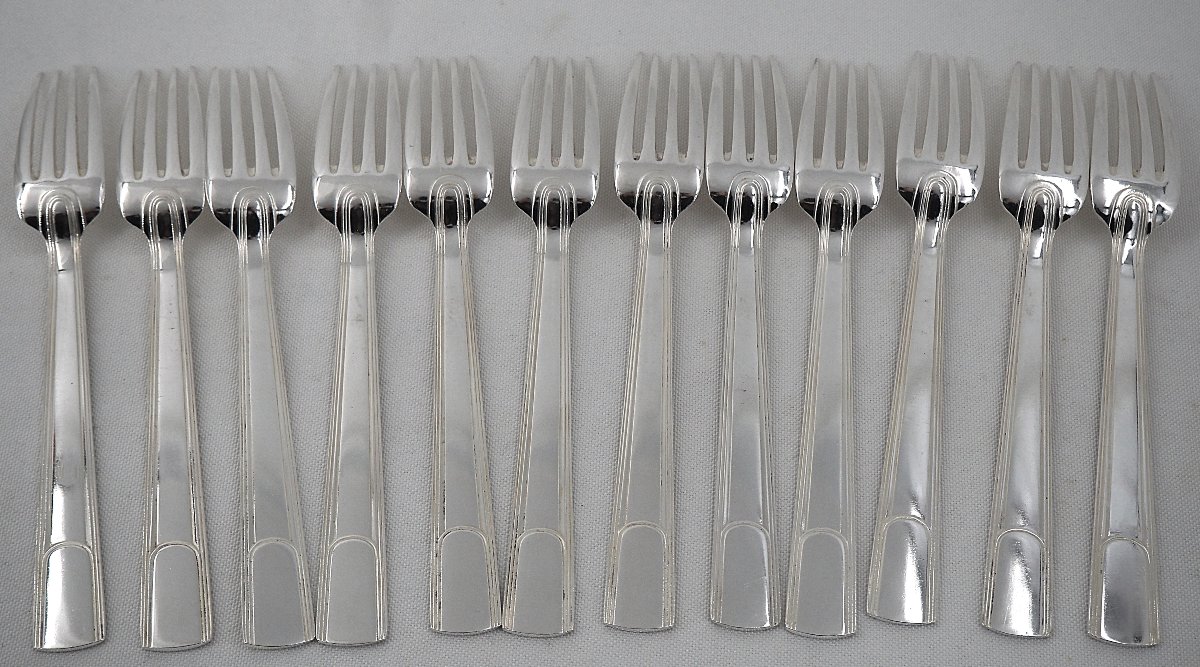 Christofle Gabon Model, Art Deco, 12 Place Settings, 24 Pieces In Silver-plated Metal.-photo-4