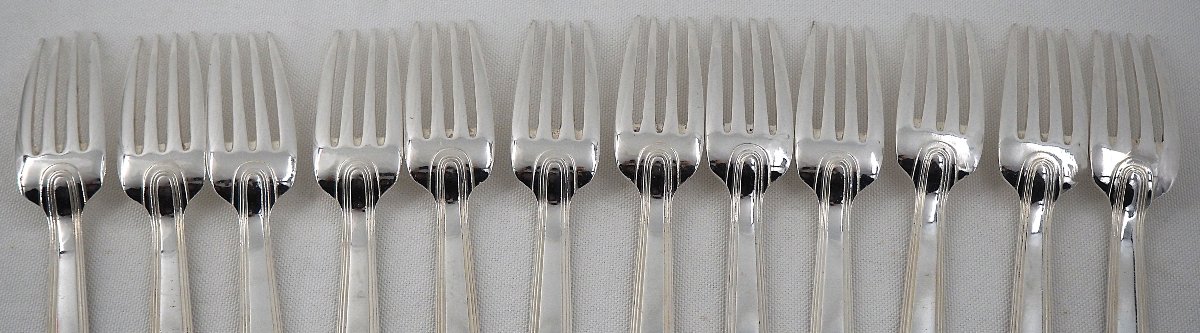 Christofle Gabon Model, Art Deco, 12 Place Settings, 24 Pieces In Silver-plated Metal.-photo-5