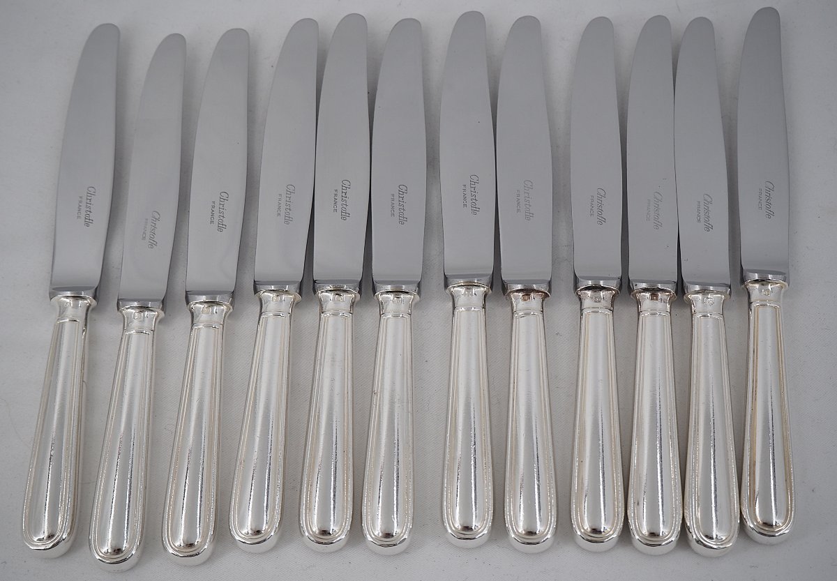 Christofle Albi Model, 24 Knives, 12 Table + 12 Dessert, Silver-plated Metal.-photo-2