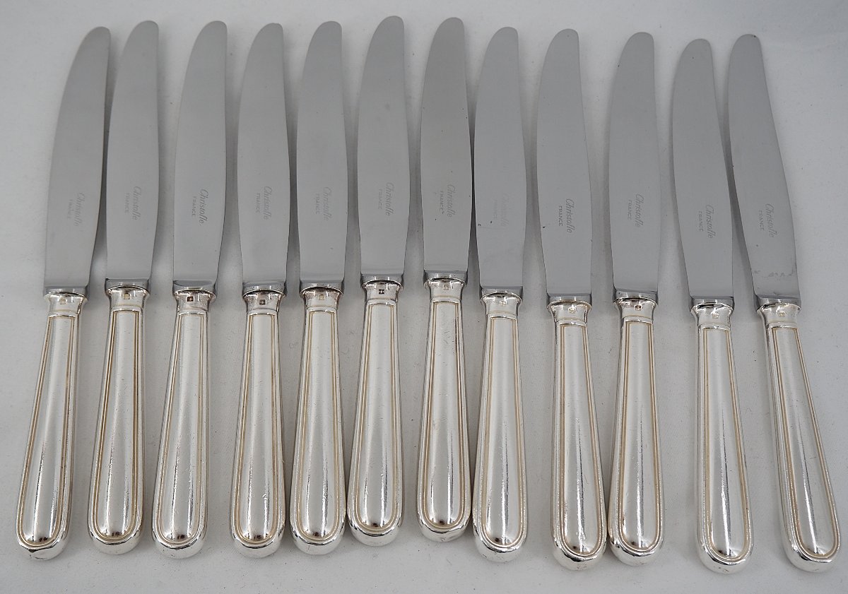 Christofle Albi Model, 24 Knives, 12 Table + 12 Dessert, Silver-plated Metal.-photo-4
