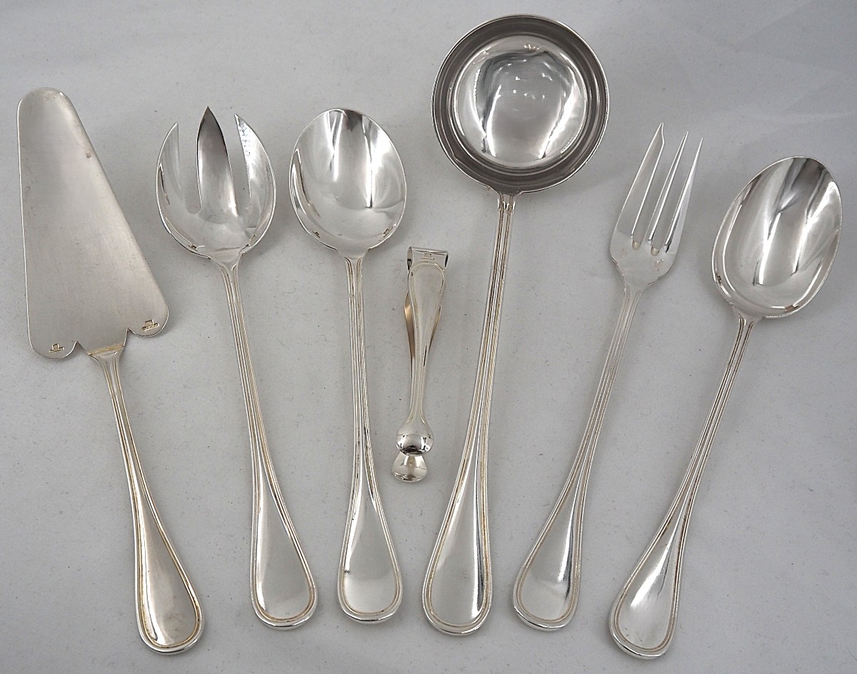 Christofle modèle Albi, lot de 7 pièces de service, à ragout, salade, pelle gateau, pince sucre