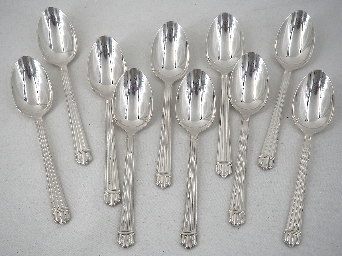 Christofle Aria, 10 cuillères à thé, café, dessert, 13,5 cm, excellent état, métal argenté.