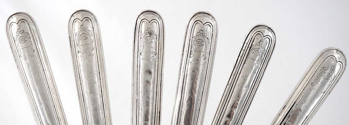 6 Solid Silver Table Knives, 18th Century, Coat Of Arms, Filet.-photo-2