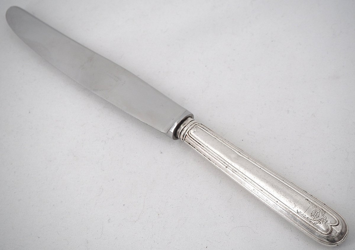 6 Solid Silver Table Knives, 18th Century, Coat Of Arms, Filet.-photo-3