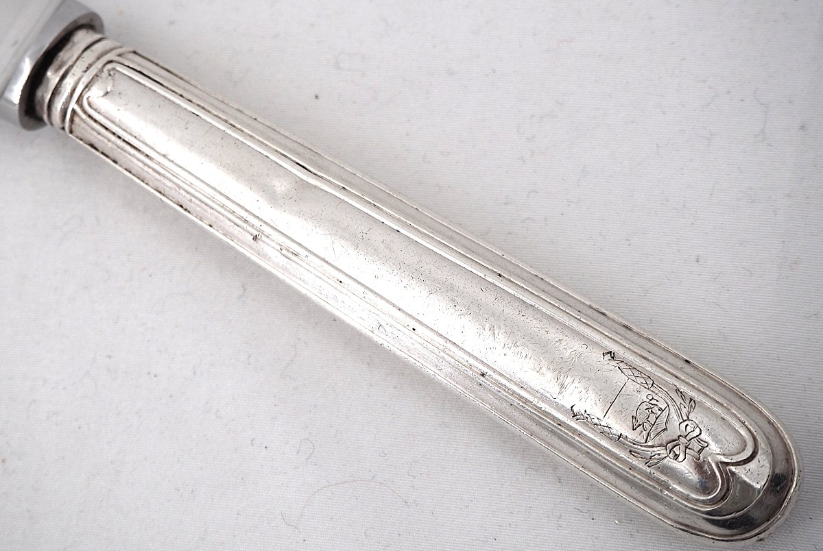 6 Solid Silver Table Knives, 18th Century, Coat Of Arms, Filet.-photo-4