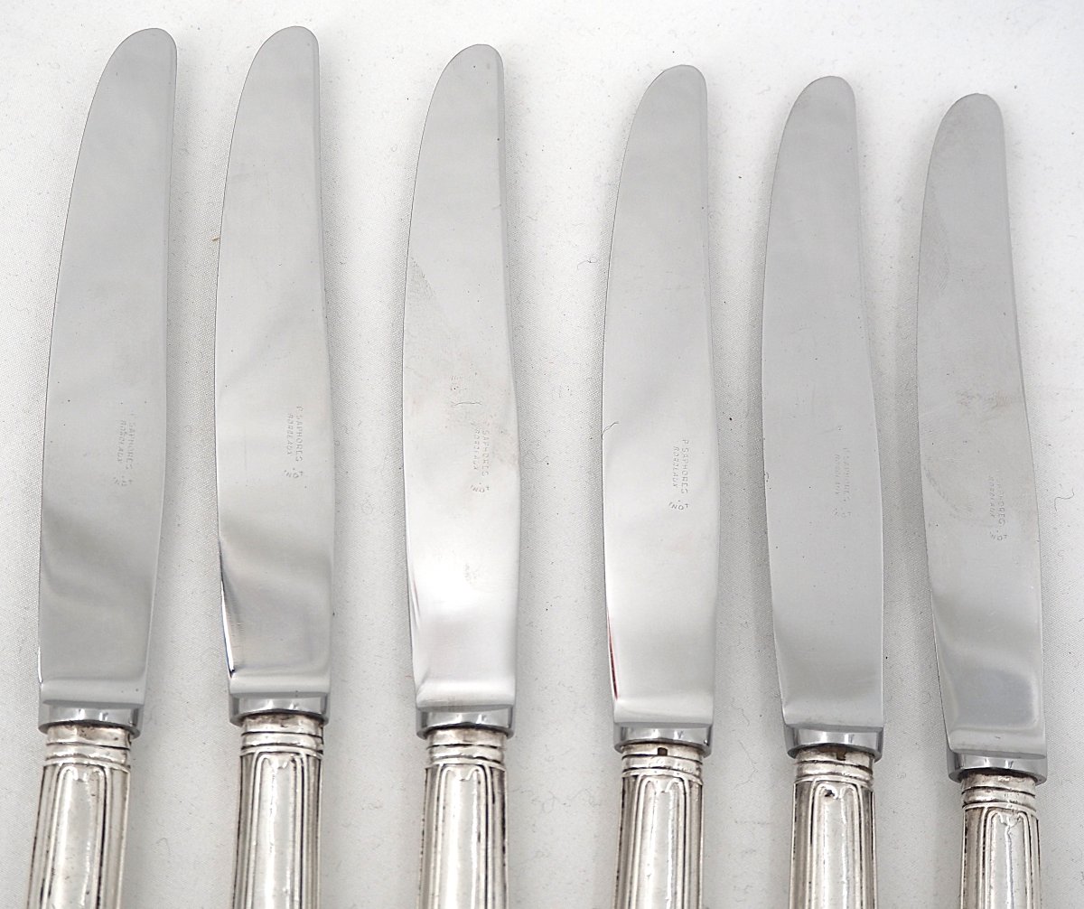 6 Solid Silver Table Knives, 18th Century, Coat Of Arms, Filet.-photo-1
